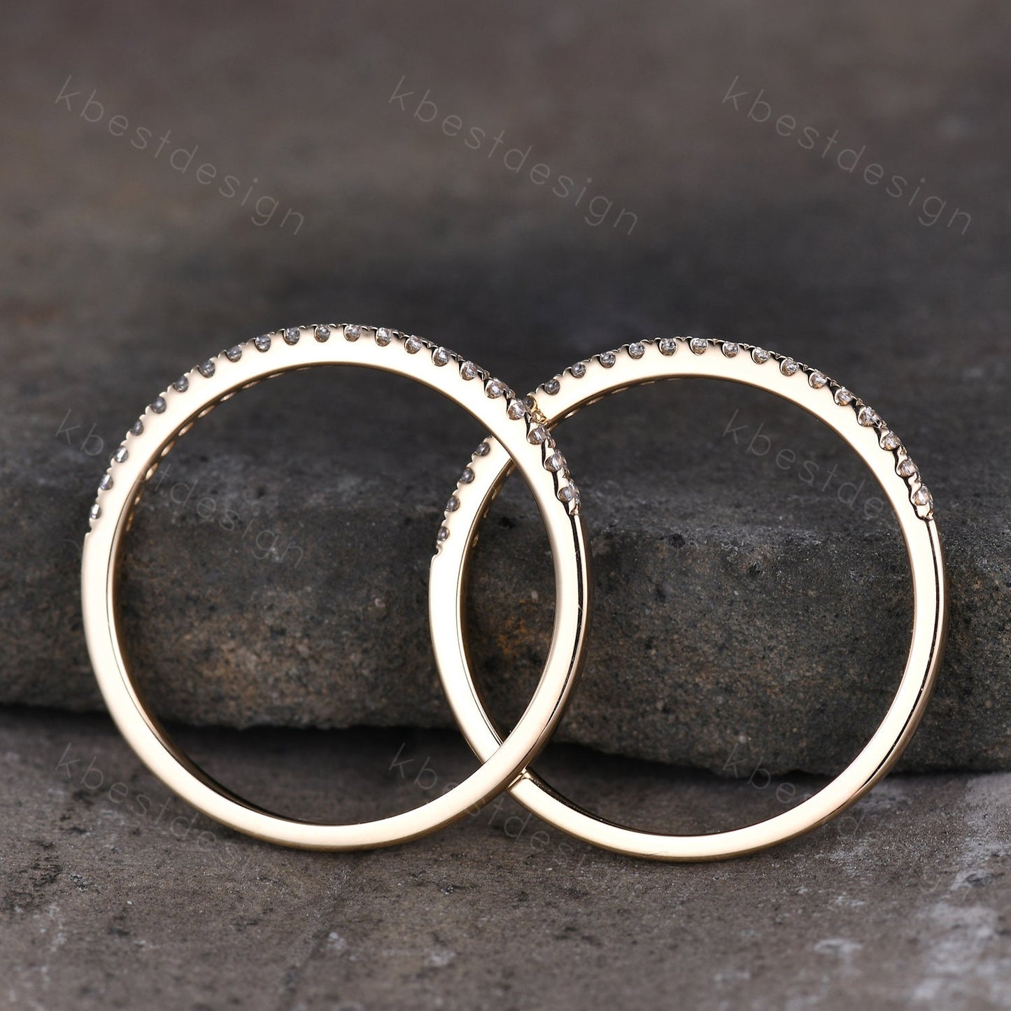 Unique Moissanite wedding band set women half eternity band 14k solid yellow gold minimalist Stacking ring dainty bridal promise ring