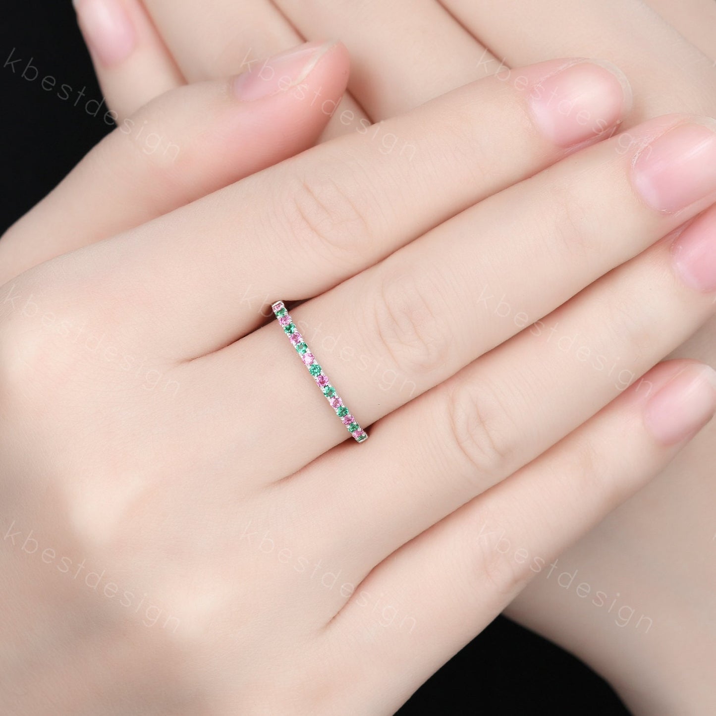 Dainty emerald and pink tourmaline wedding band minimalist half eternity silver wedding ring Art deco micro pave anniversary ring