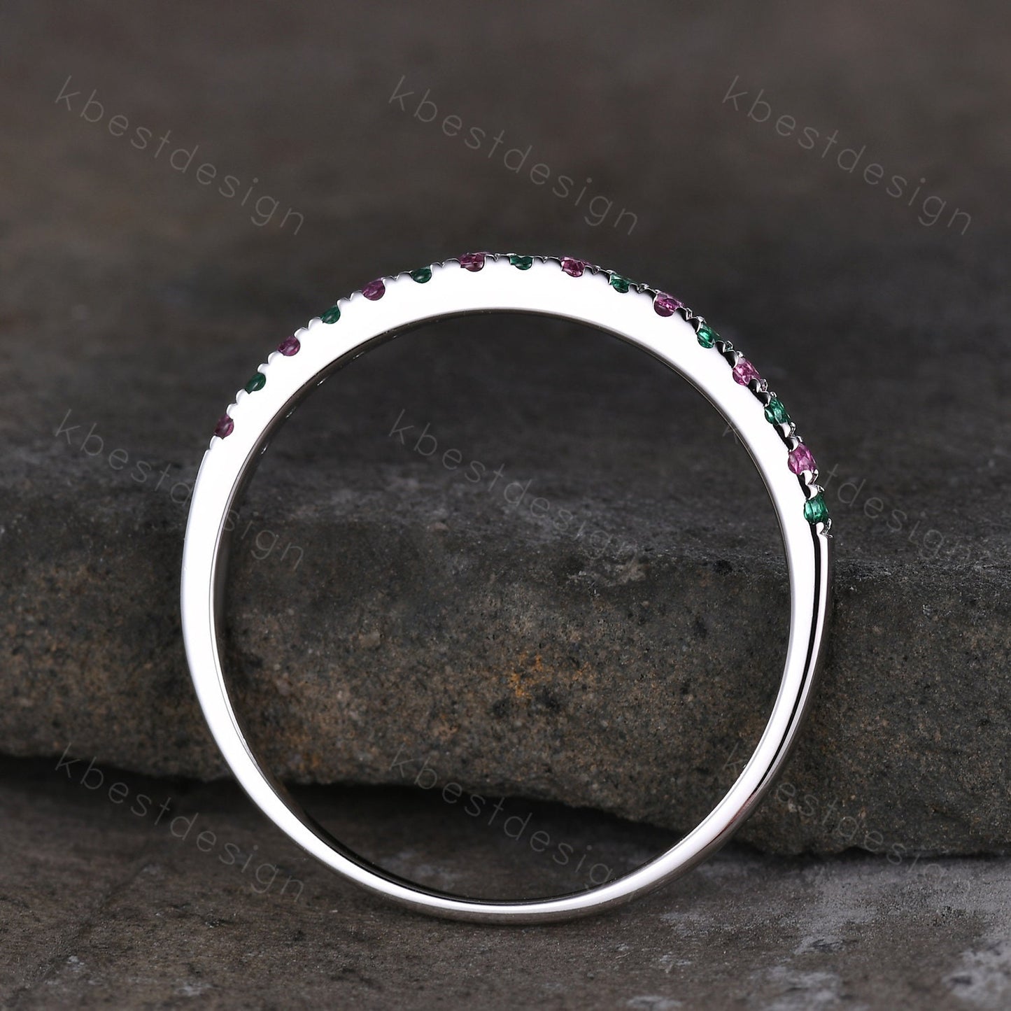 Dainty emerald and pink tourmaline wedding band minimalist half eternity silver wedding ring Art deco micro pave anniversary ring