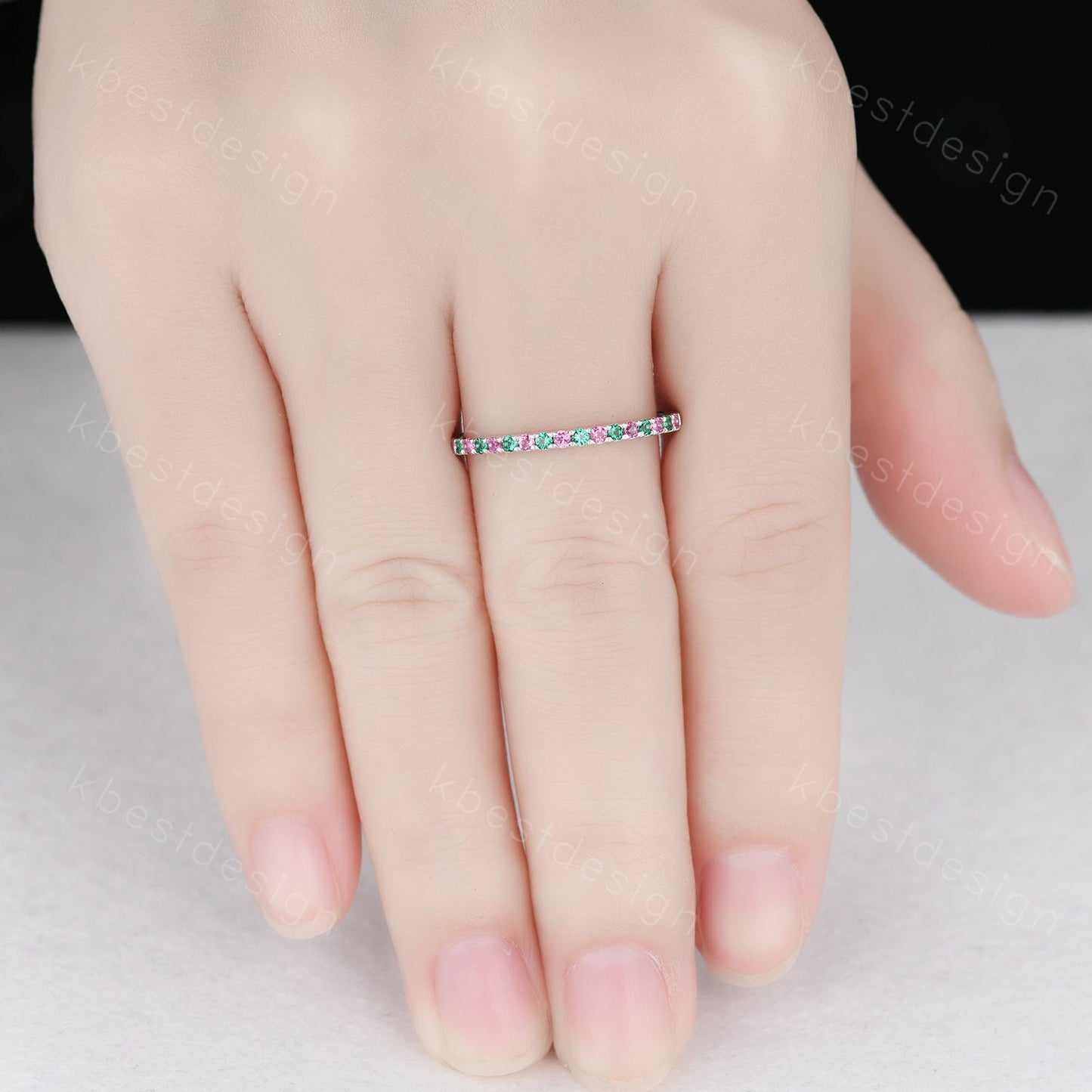 Dainty emerald and pink tourmaline wedding band minimalist half eternity silver wedding ring Art deco micro pave anniversary ring