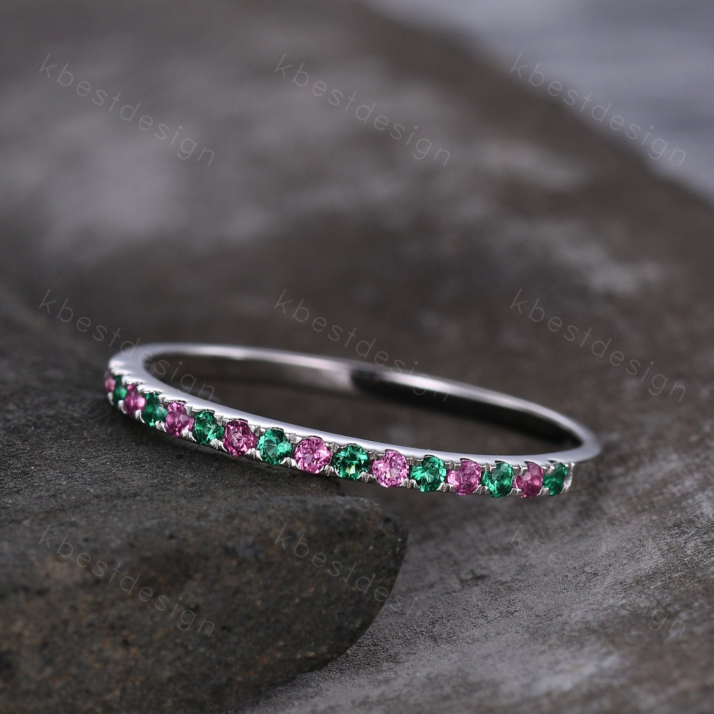 Dainty emerald and pink tourmaline wedding band minimalist half eternity silver wedding ring Art deco micro pave anniversary ring