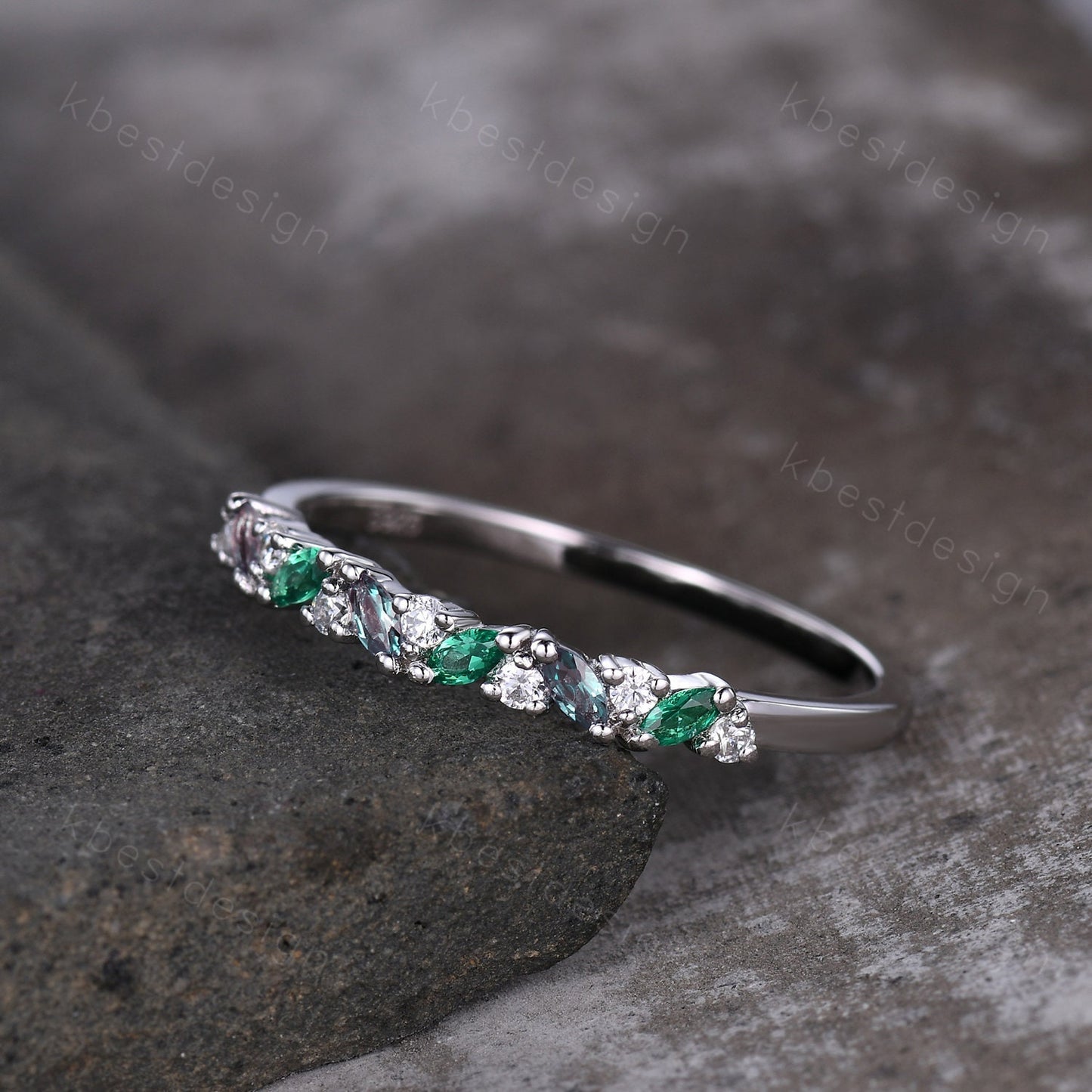 Alexandrite emerald cluster wedding band Unique marquise cut wedding band Vintage Moissanite ring Solid gold ring Anniversary gift for her