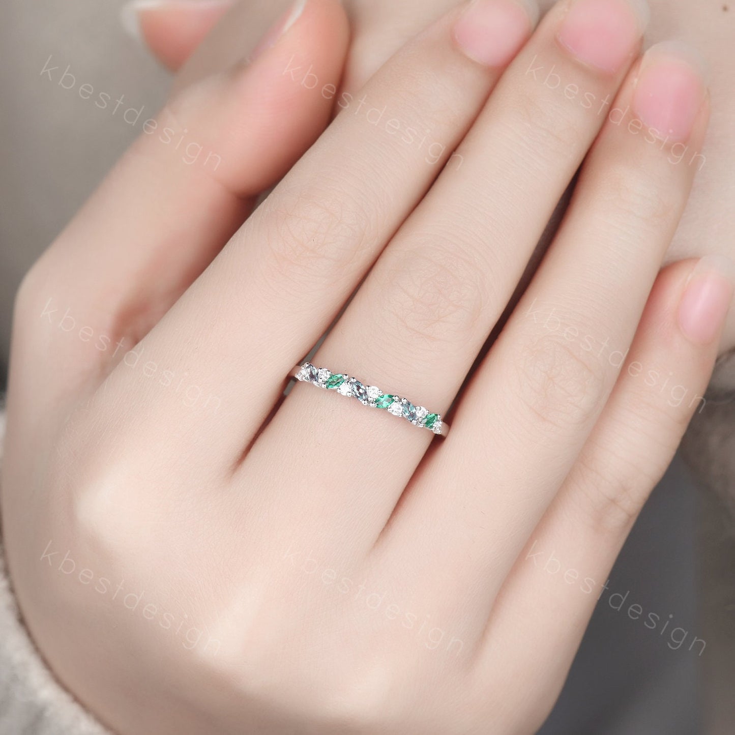 Alexandrite emerald cluster wedding band Unique marquise cut wedding band Vintage Moissanite ring Solid gold ring Anniversary gift for her