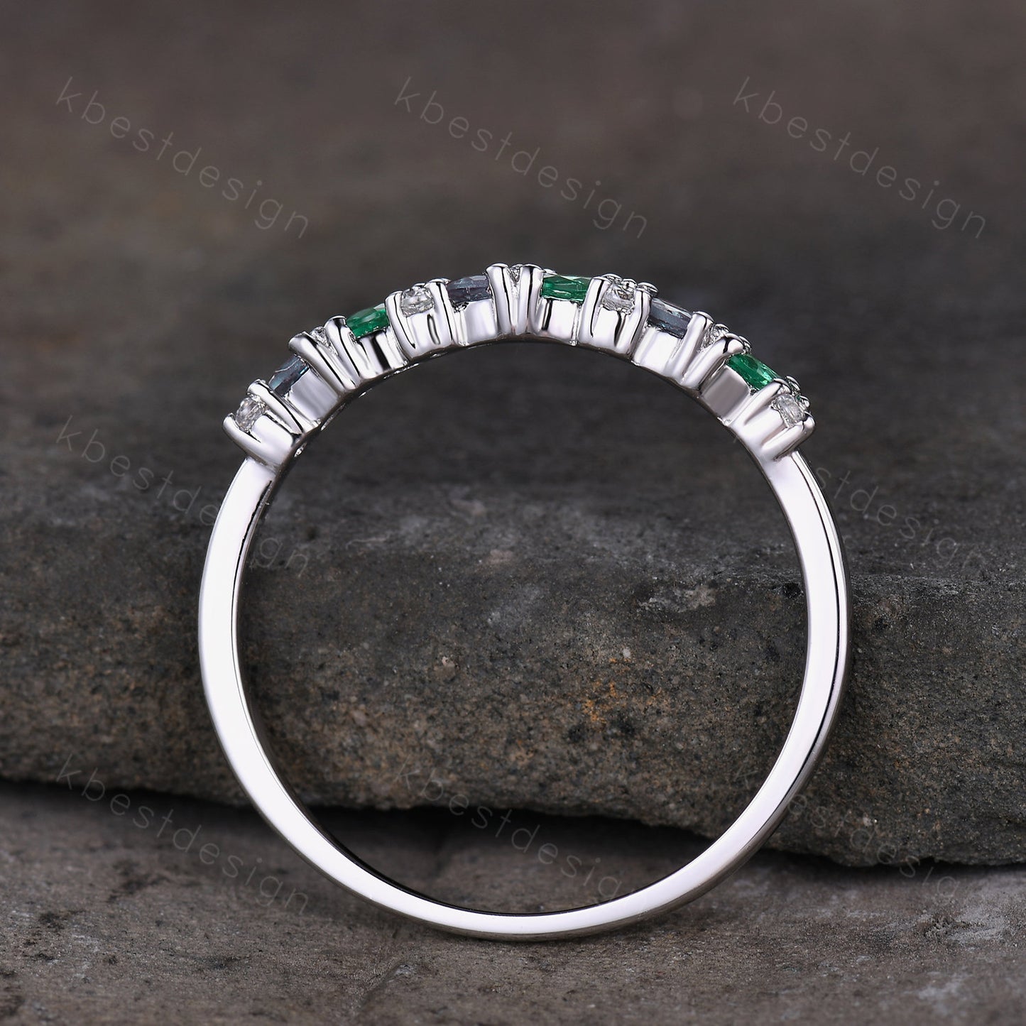 Alexandrite emerald cluster wedding band Unique marquise cut wedding band Vintage Moissanite ring Solid gold ring Anniversary gift for her