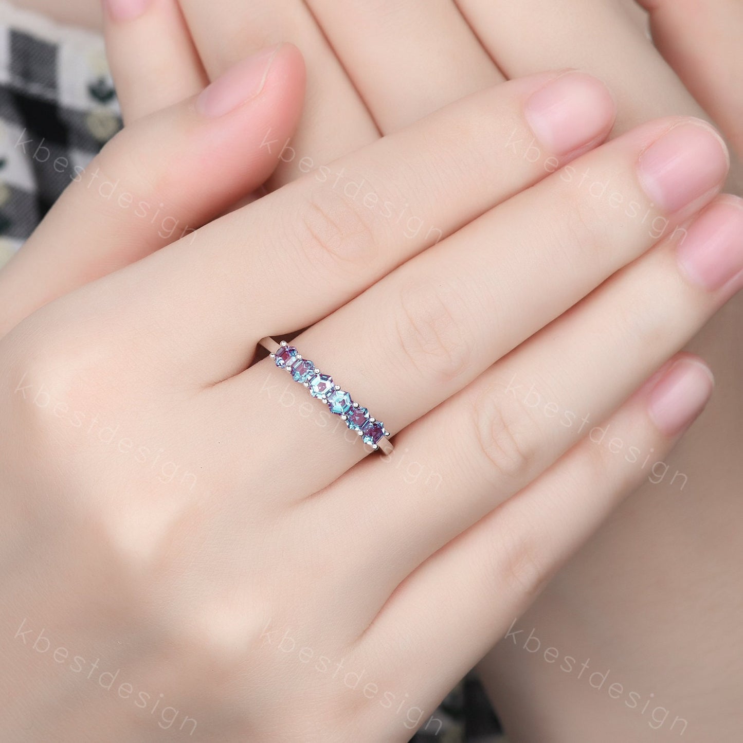 Hexagon cut Alexandrite wedding ring Unique rose gold wedding band 6-stone ring Minimalist Bridal matching stackable band June Birthstone