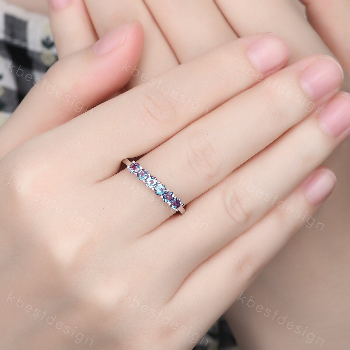 Hexagon cut Alexandrite wedding ring Unique 14k solid gold wedding band 6-stone ring Minimalist Bridal matching stackable band June ring