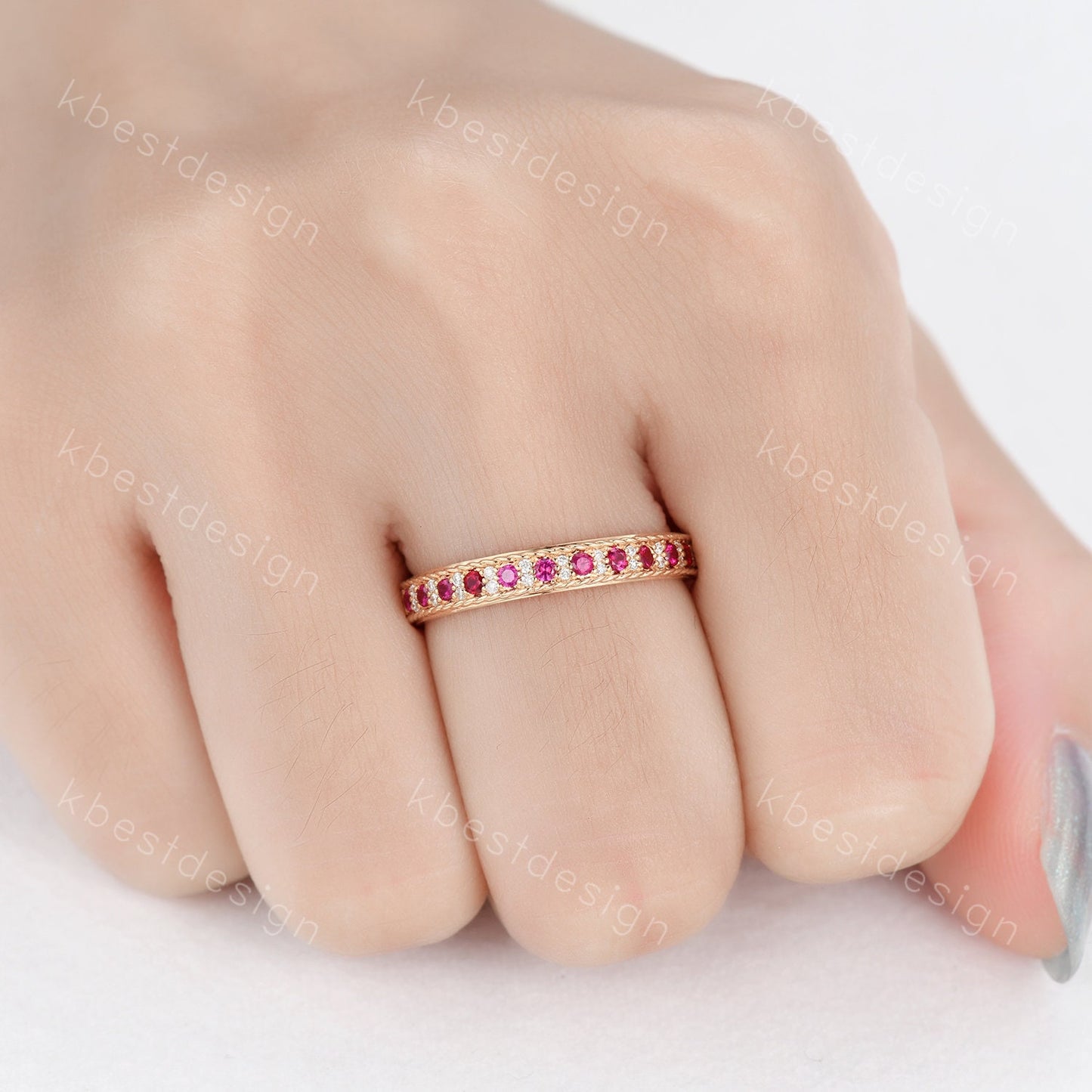 Vintage Ruby wedding band Yellow gold ruby moissanite wedding ring unique Antique stacking band July birthstone ring anniversary gift