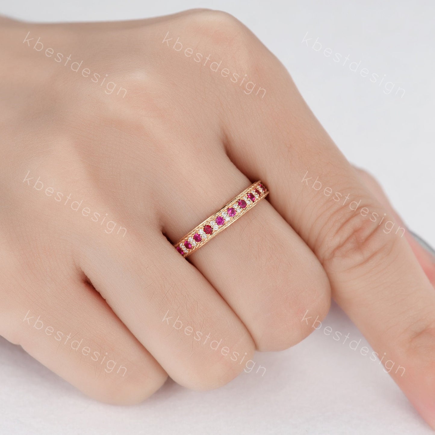 Vintage Ruby wedding band Yellow gold ruby moissanite wedding ring unique Antique stacking band July birthstone ring anniversary gift
