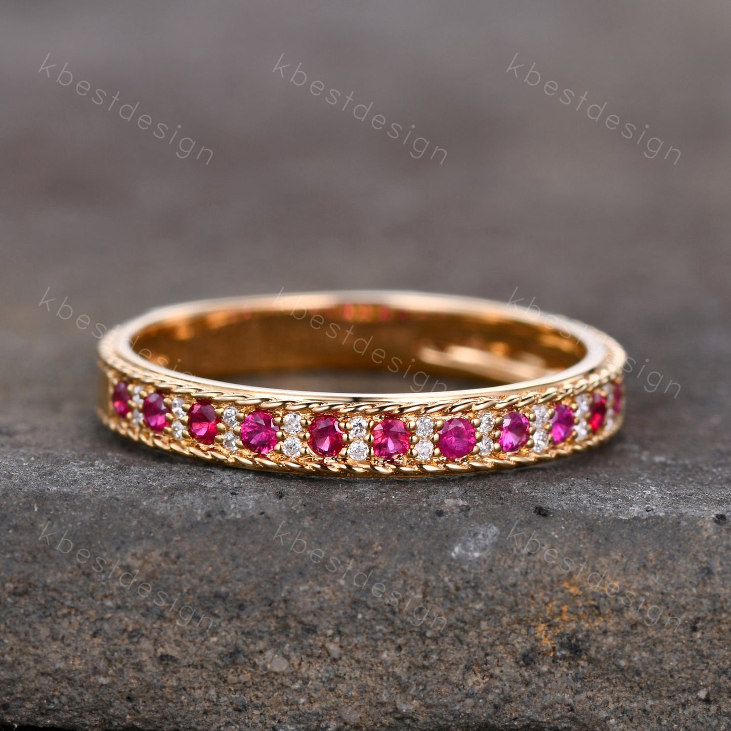 Vintage Ruby wedding band Yellow gold ruby moissanite wedding ring unique Antique stacking band July birthstone ring anniversary gift