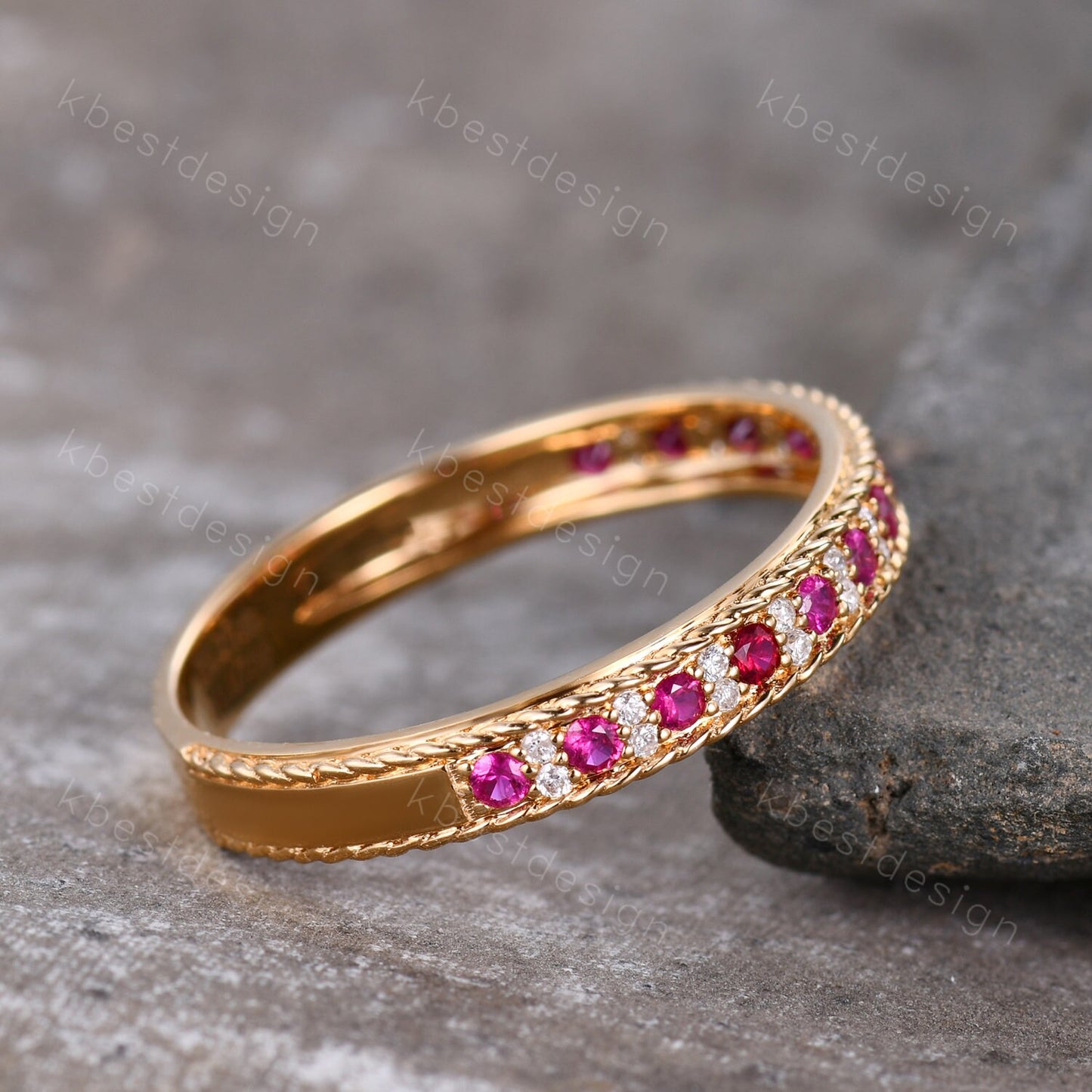 Vintage Ruby wedding band Yellow gold ruby moissanite wedding ring unique Antique stacking band July birthstone ring anniversary gift