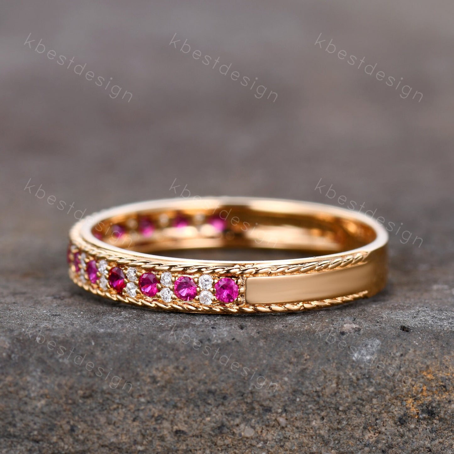 Vintage Ruby wedding band Yellow gold ruby moissanite wedding ring unique Antique stacking band July birthstone ring anniversary gift