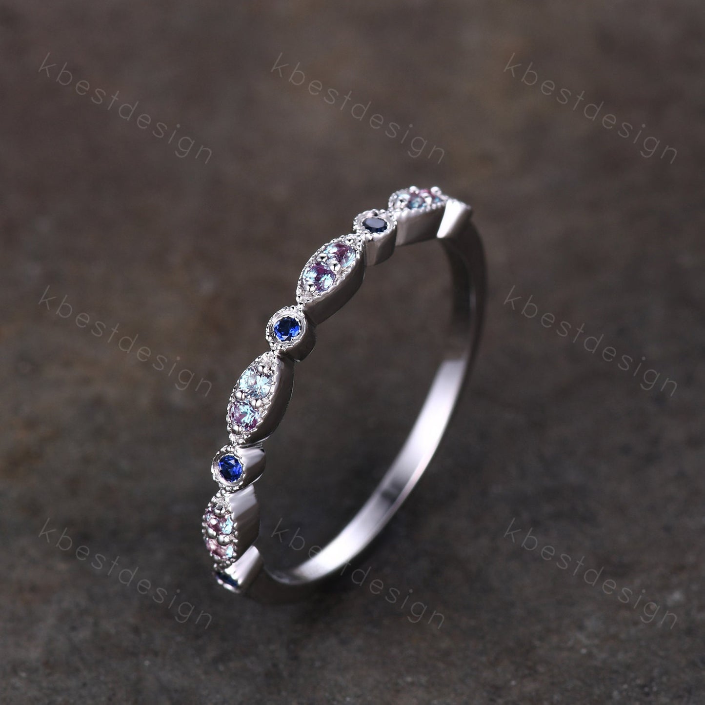 Alexandrite and Sapphire Ring, Silver Alexandrite Wedding Band, Unique Art Deco Gemstone Band, June Birthstone Ring, Anniversary Ring