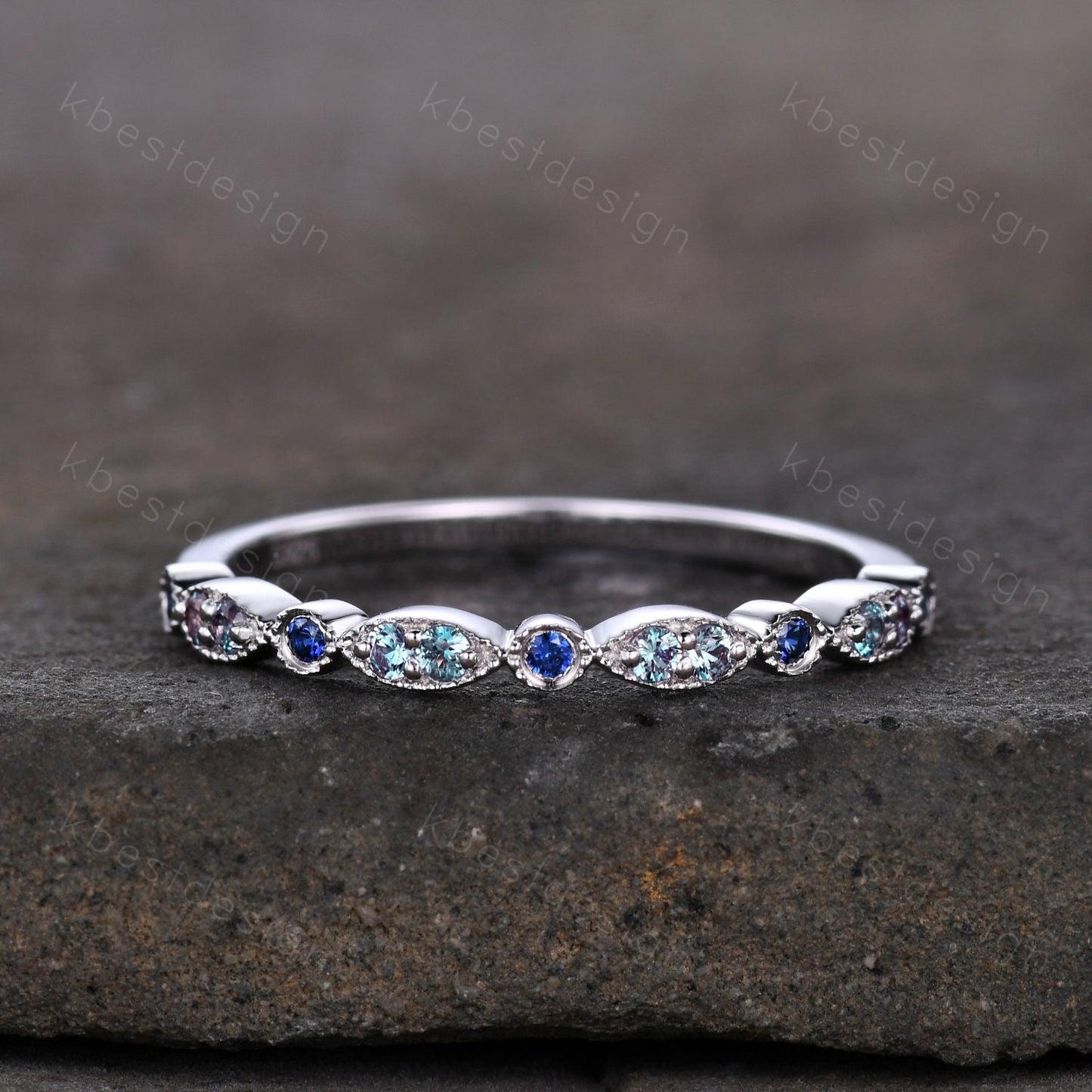 Alexandrite and Sapphire Ring, Silver Alexandrite Wedding Band, Unique Art Deco Gemstone Band, June Birthstone Ring, Anniversary Ring