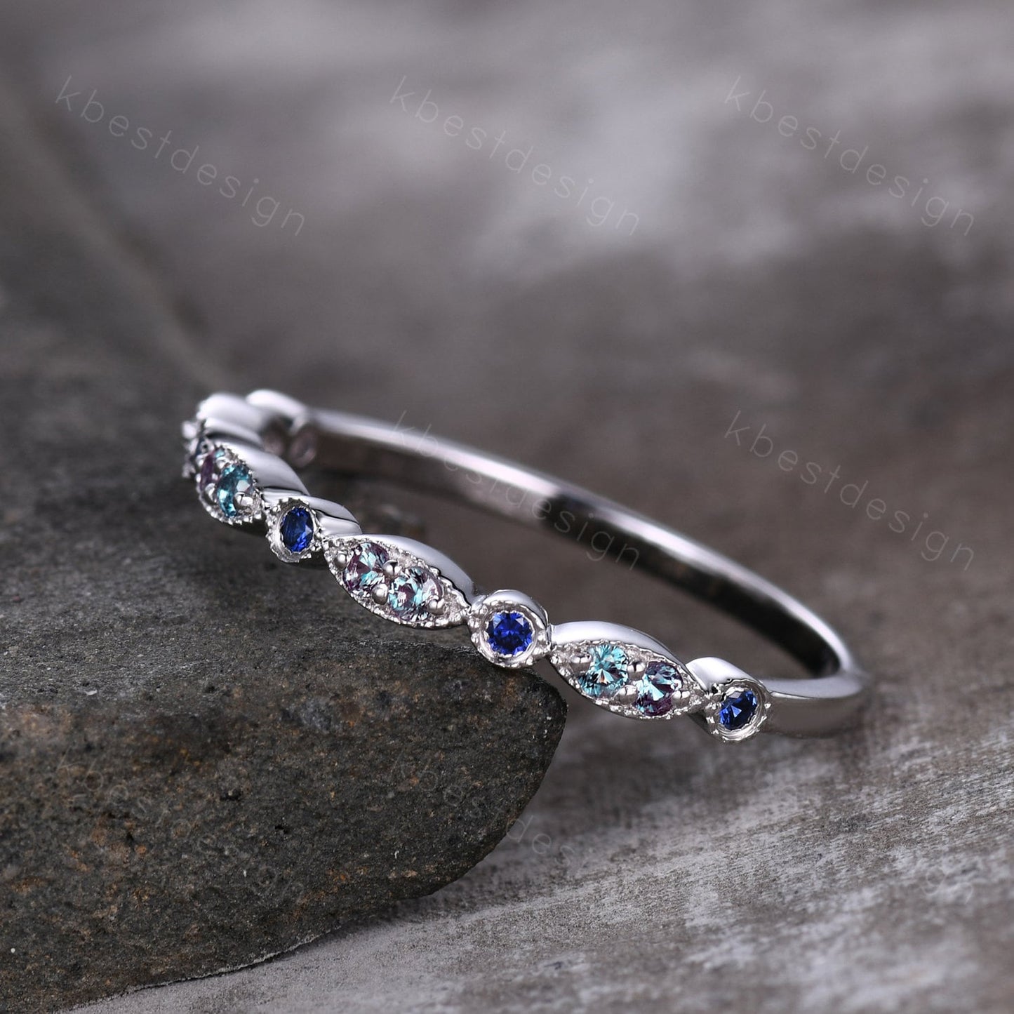 Alexandrite and Sapphire Ring, Silver Alexandrite Wedding Band, Unique Art Deco Gemstone Band, June Birthstone Ring, Anniversary Ring