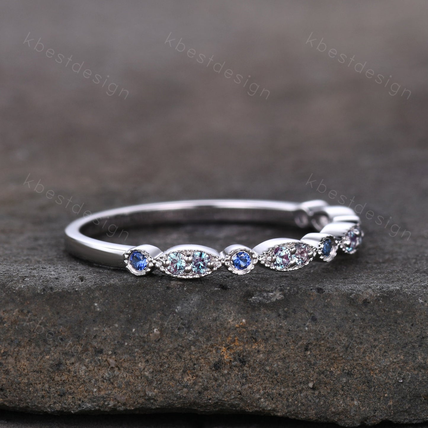 Alexandrite and Sapphire Ring, Silver Alexandrite Wedding Band, Unique Art Deco Gemstone Band, June Birthstone Ring, Anniversary Ring
