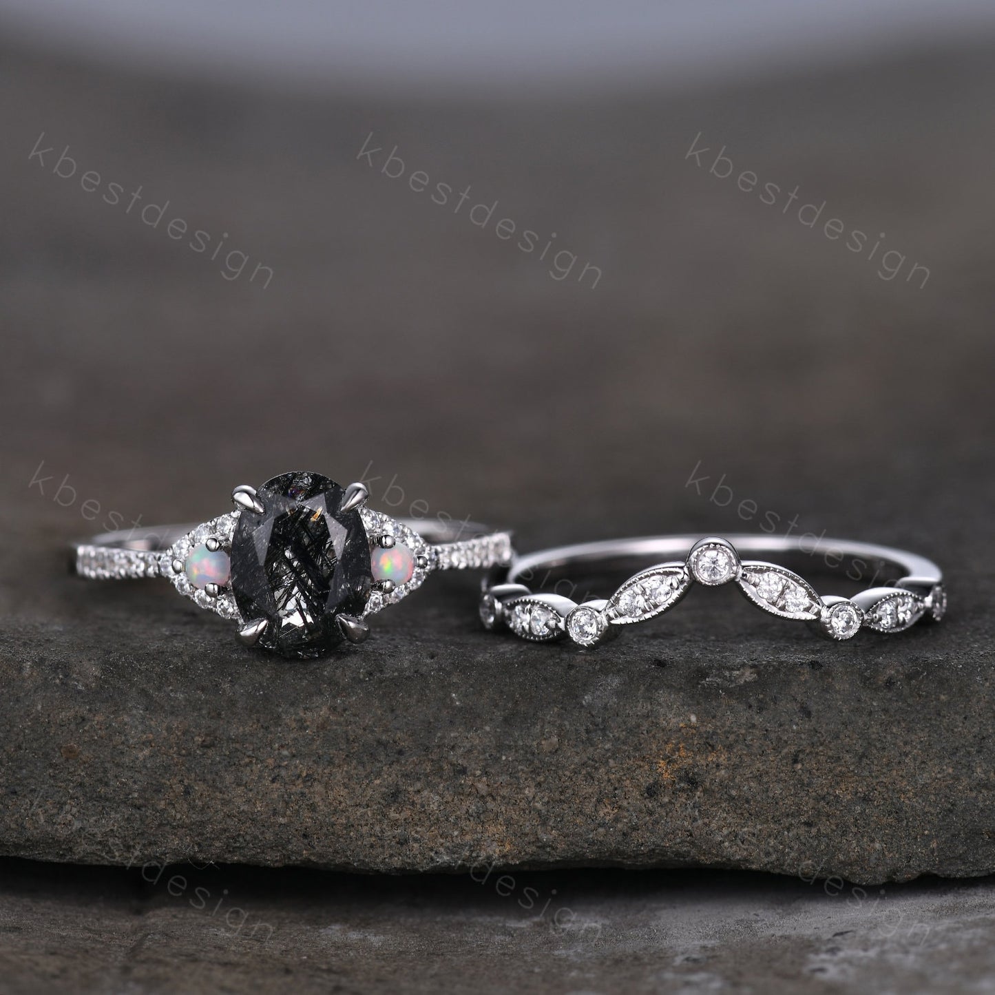 Vintage black rutilated quartz engagement ring 14k rose gold oval cut ring art deco curved stacking band unique bridal wedding ring set