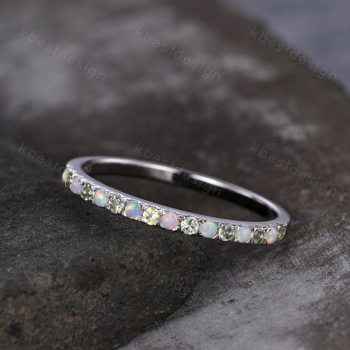 Half Eternity Peridot Opal Wedding Band, Silver Opal Wedding Band, Peridot Wedding Ring Dainty Stacking Matching Band, Anniversary Ring Gift