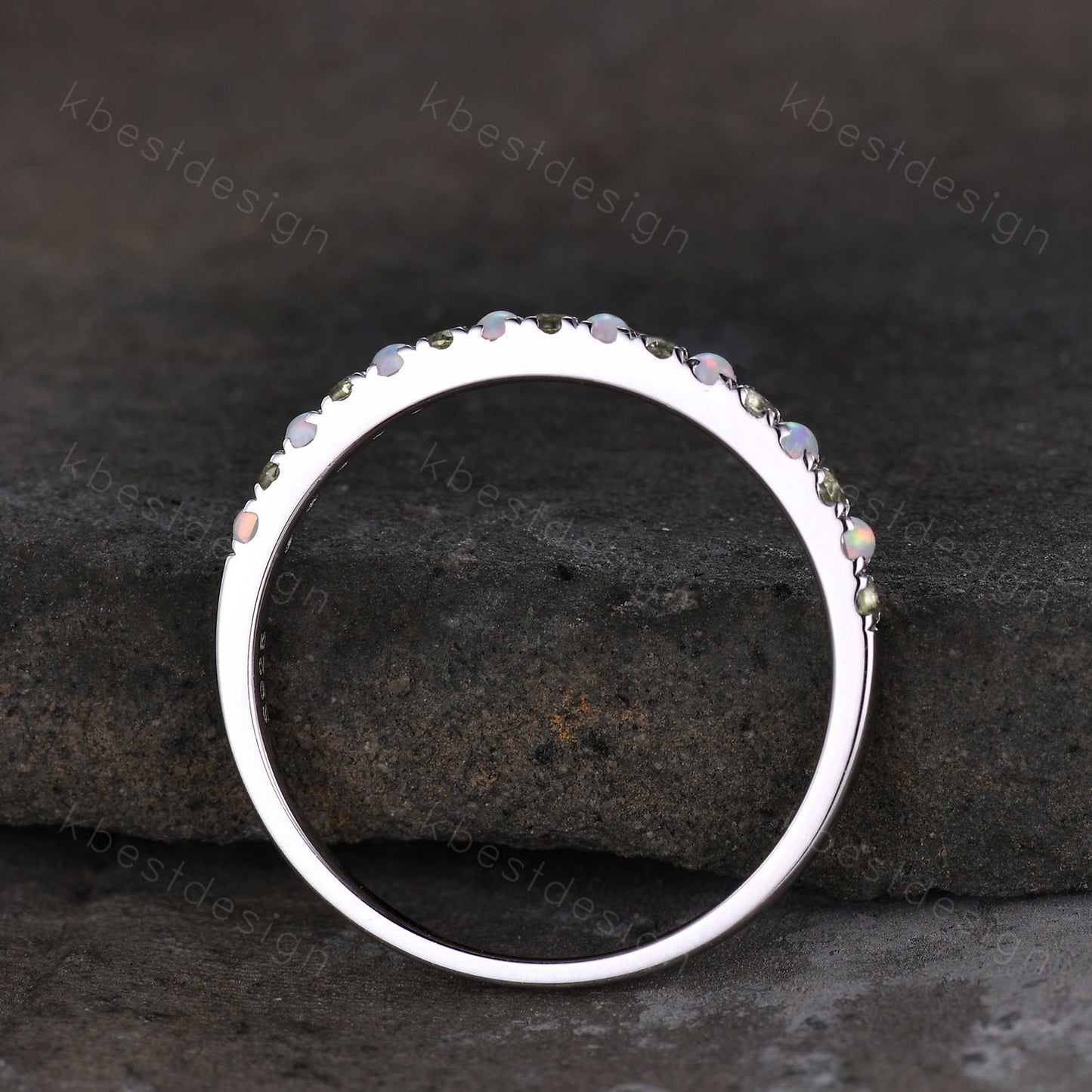 Half Eternity Peridot Opal Wedding Band, Silver Opal Wedding Band, Peridot Wedding Ring Dainty Stacking Matching Band, Anniversary Ring Gift