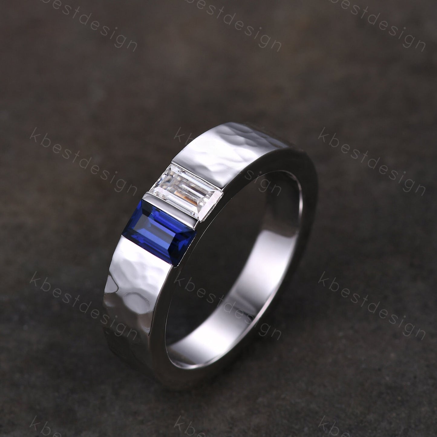 Mens Blue Sapphire Wedding Band Baguette cut Moissanite Wedding Ring 5MM Solid Gold Ring Mens Hammered Stacking Matching Band Personalized