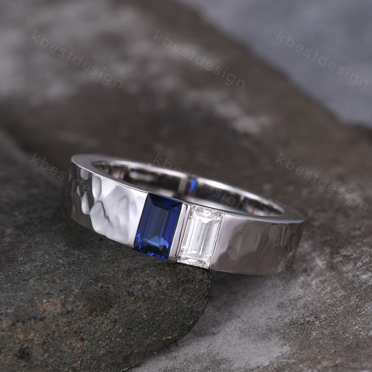 Mens Blue Sapphire Wedding Band Baguette cut Moissanite Wedding Ring 5MM Solid Gold Ring Mens Hammered Stacking Matching Band Personalized