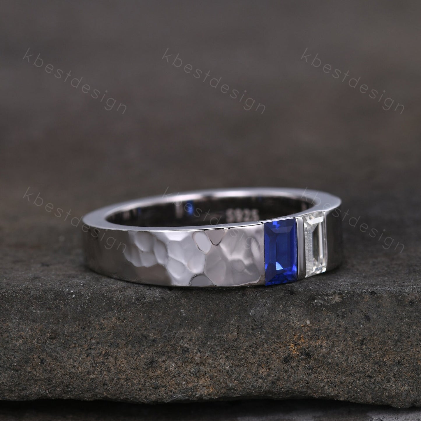 Mens Blue Sapphire Wedding Band Baguette cut Moissanite Wedding Ring 5MM Solid Gold Ring Mens Hammered Stacking Matching Band Personalized