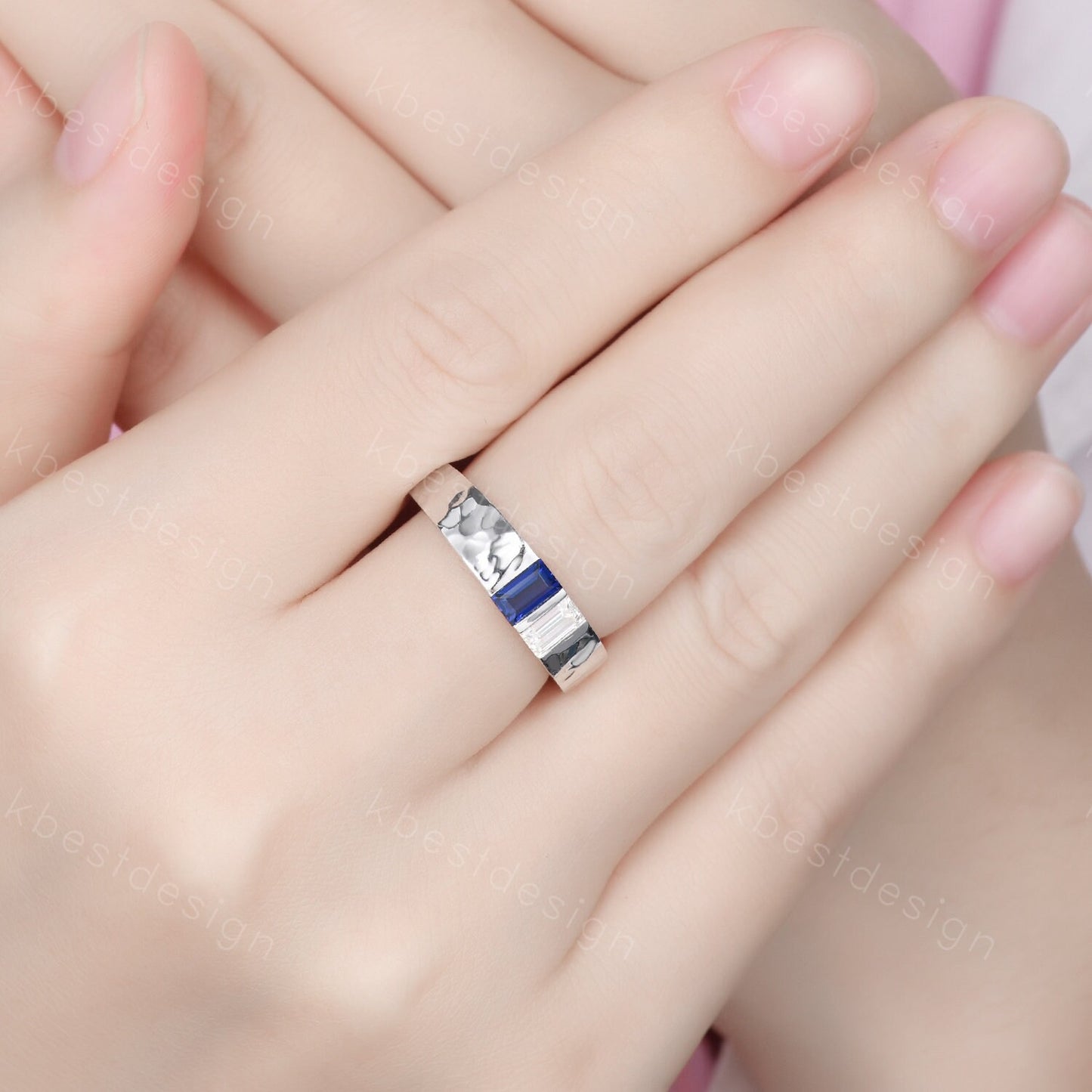 Baguette Blue Sapphire Moissanite Wedding Band Mens Gemstone Wedding Ring 5MM Solid Gold Ring Mens Hammered Stacking Band Personalized Ring