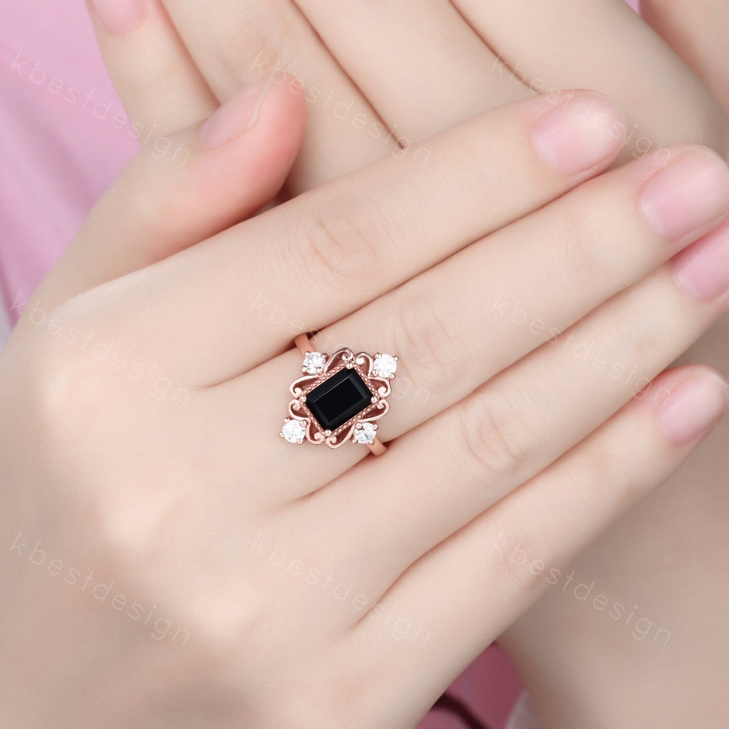 Vintage black onyx engagement ring 6x8mm emerald cut black onyx ring unique antique moissanite ring black stone ring rose gold Bridal ring