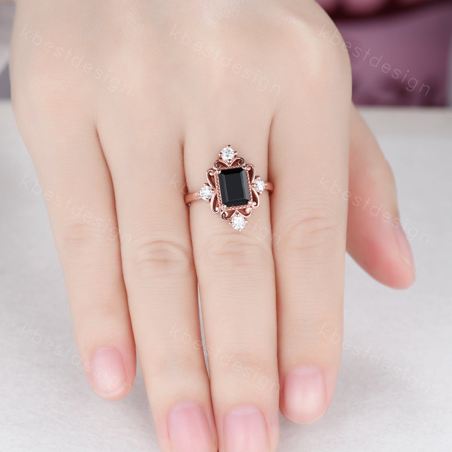 Vintage black onyx engagement ring 6x8mm emerald cut black onyx ring unique antique moissanite ring black stone ring rose gold Bridal ring