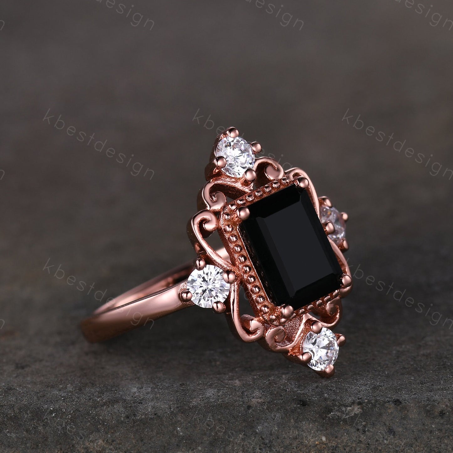 Vintage black onyx engagement ring 6x8mm emerald cut black onyx ring unique antique moissanite ring black stone ring rose gold Bridal ring