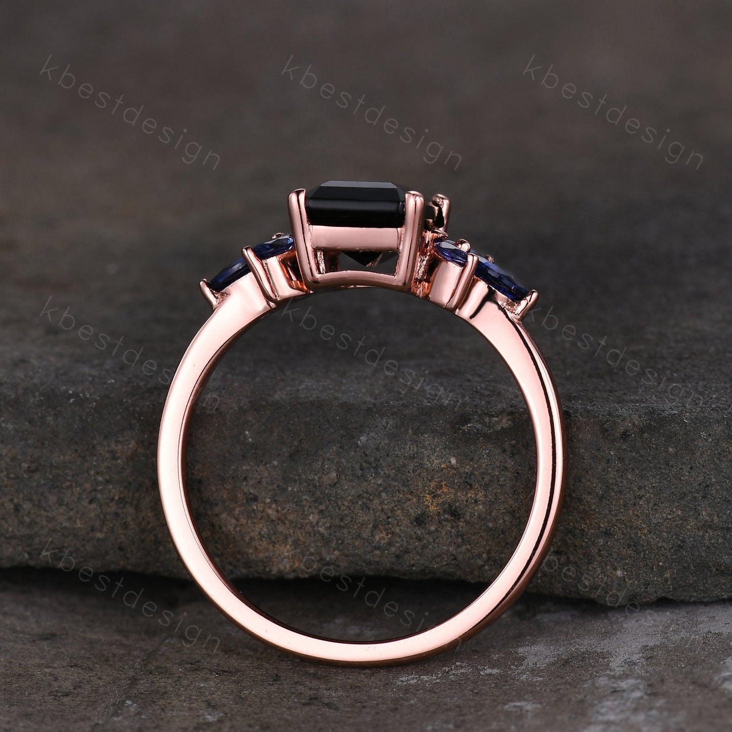 Emerald cut black onyx engagement ring rose gold unique marquise cut blue sapphire ring art deco black stone ring promise anniversary ring