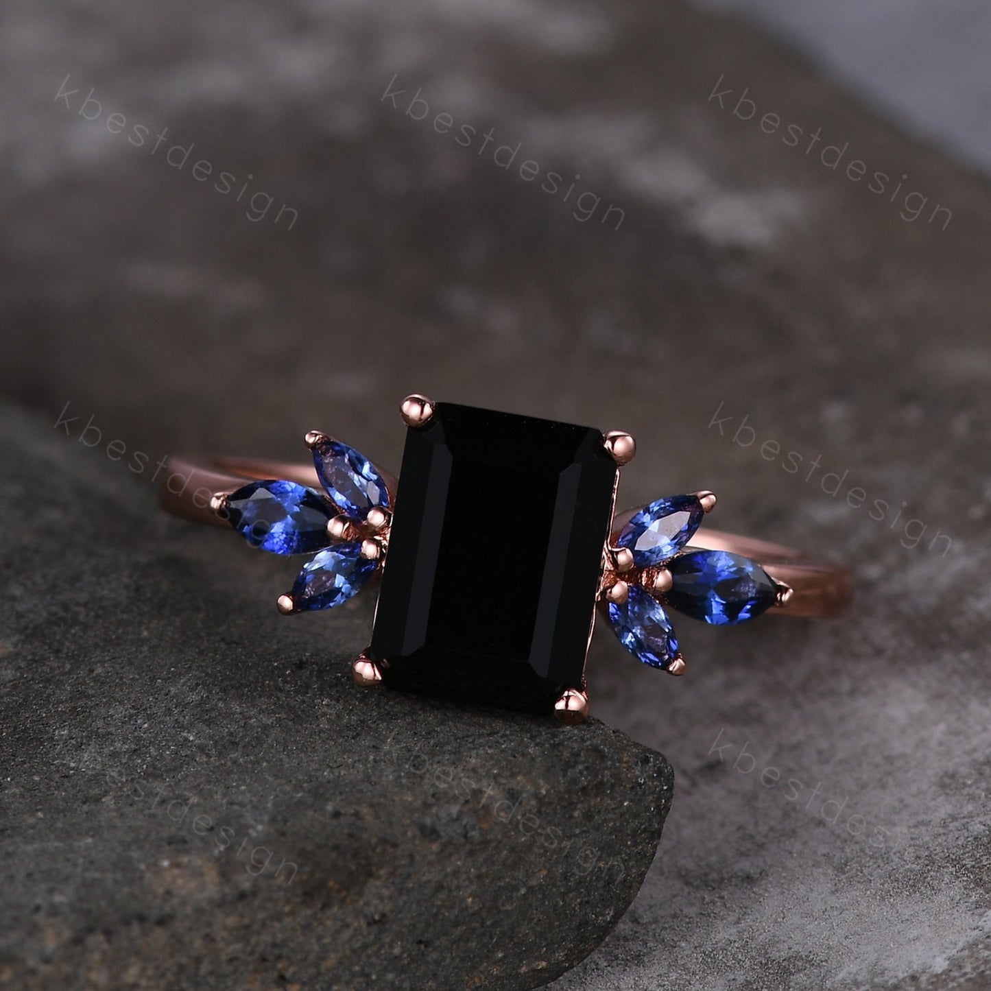 Emerald cut black onyx engagement ring rose gold unique marquise cut blue sapphire ring art deco black stone ring promise anniversary ring