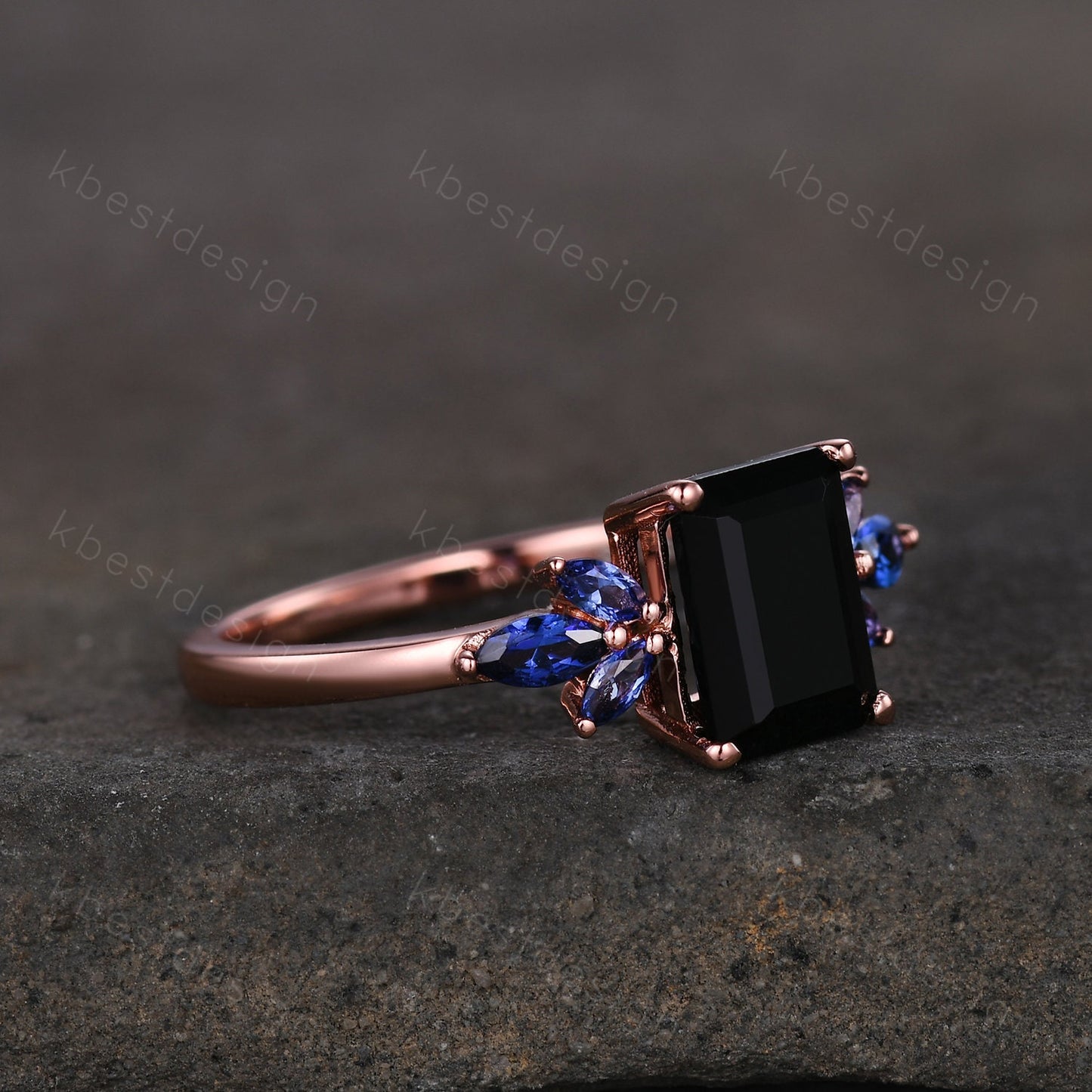 Emerald cut black onyx engagement ring rose gold unique marquise cut blue sapphire ring art deco black stone ring promise anniversary ring