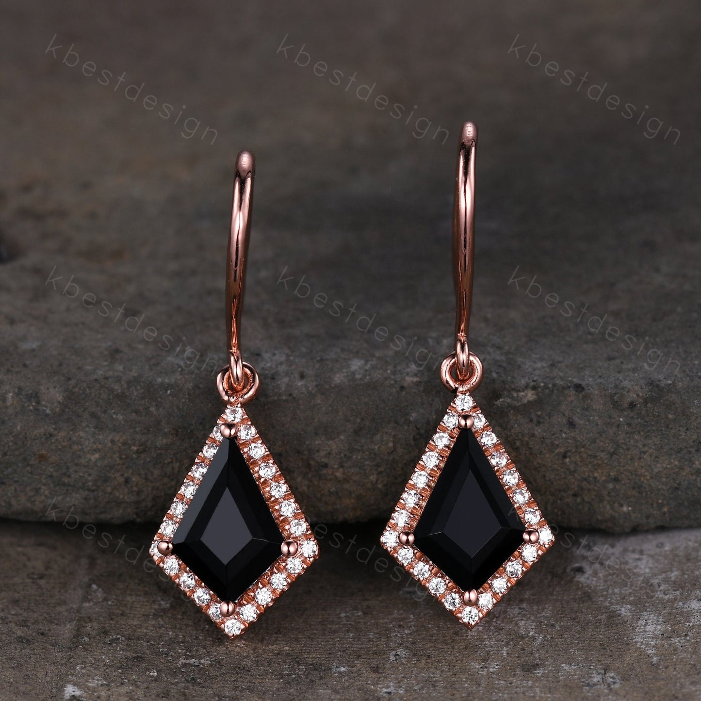 Vintage black onyx dangle drop earrings kite cut earrings art deco rose gold moissanite unique earrings for women anniversary gift