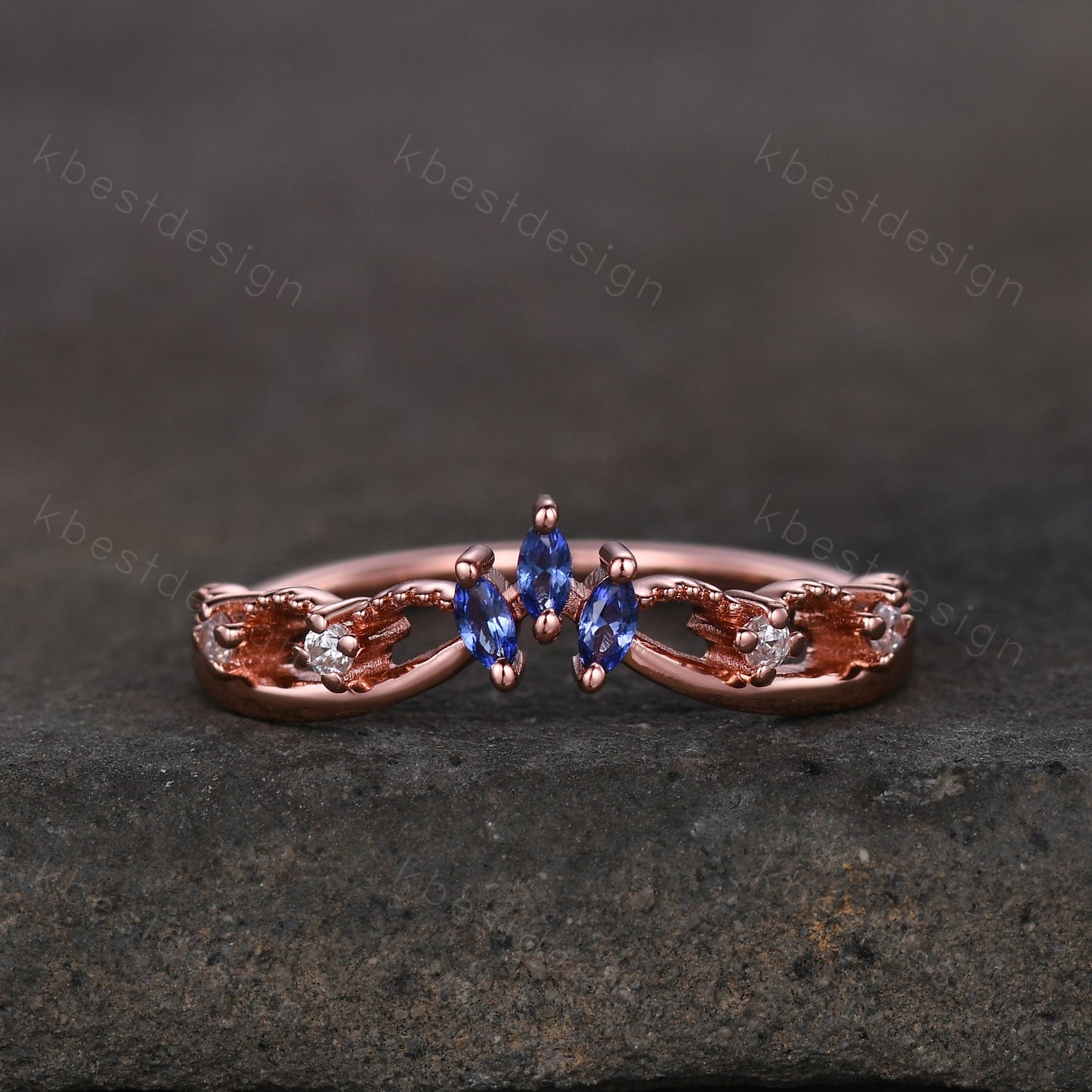 Unique curved blue sapphire wedding band art deco rose gold rings for women marquise cut blue sapphire ring antique moissanite stacking band