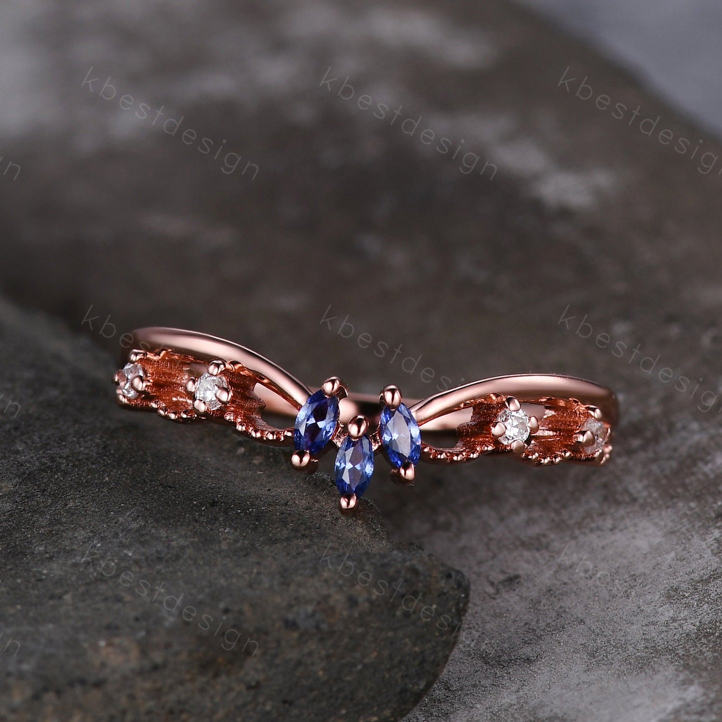 Unique curved blue sapphire wedding band art deco rose gold rings for women marquise cut blue sapphire ring antique moissanite stacking band