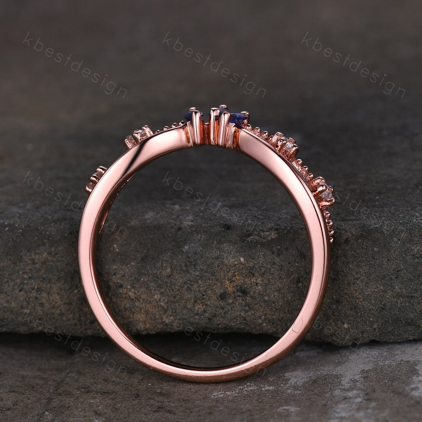 Unique curved blue sapphire wedding band art deco rose gold rings for women marquise cut blue sapphire ring antique moissanite stacking band