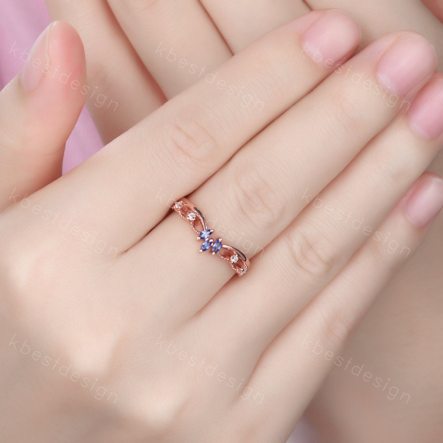 Unique curved blue sapphire wedding band art deco rose gold rings for women marquise cut blue sapphire ring antique moissanite stacking band