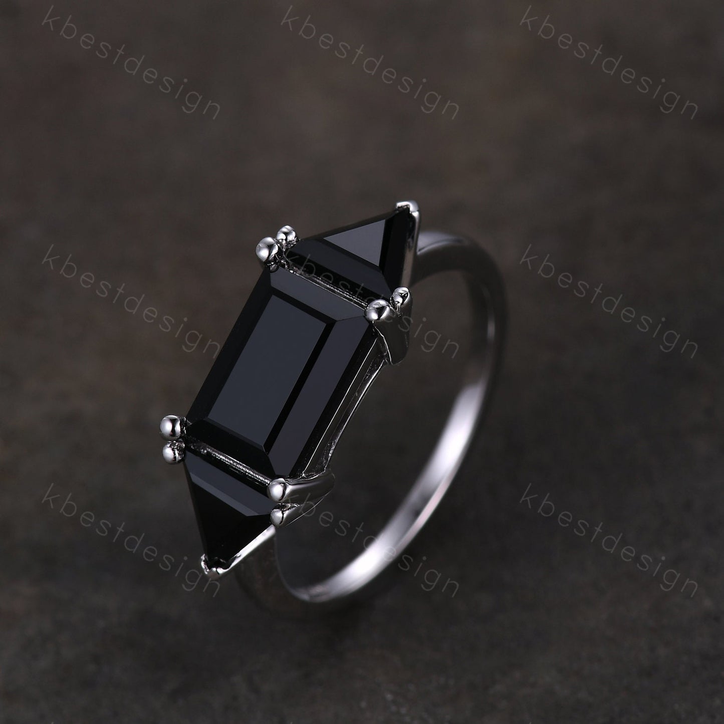 Emerald cut Black Onyx engagement ring unique Triangle cut black Onyx ring sterling silver ring Three stone ring art deco wedding ring
