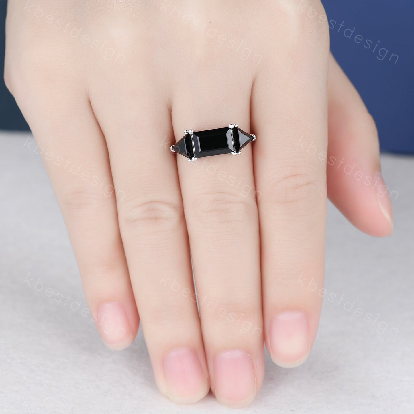Emerald cut Black Onyx engagement ring unique Triangle cut black Onyx ring sterling silver ring Three stone ring art deco wedding ring