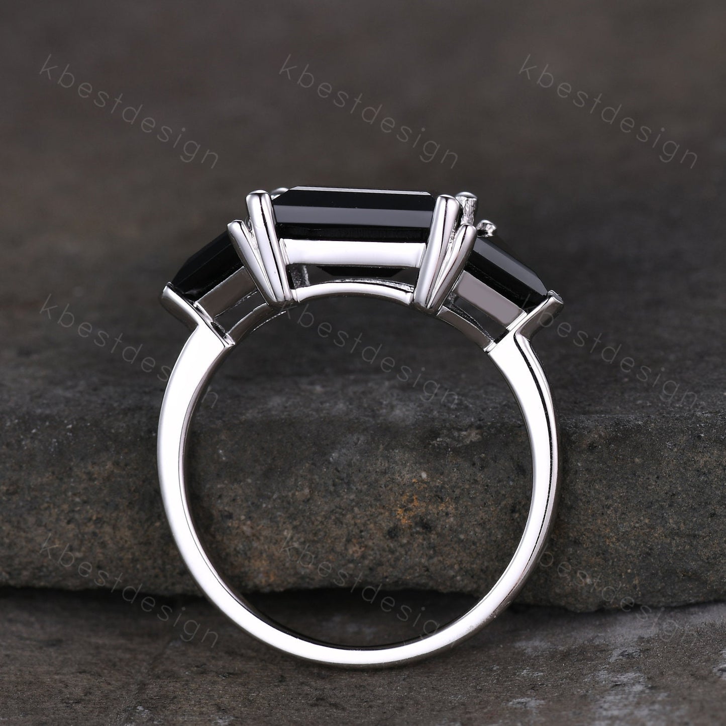 Emerald cut Black Onyx engagement ring unique Triangle cut black Onyx ring sterling silver ring Three stone ring art deco wedding ring