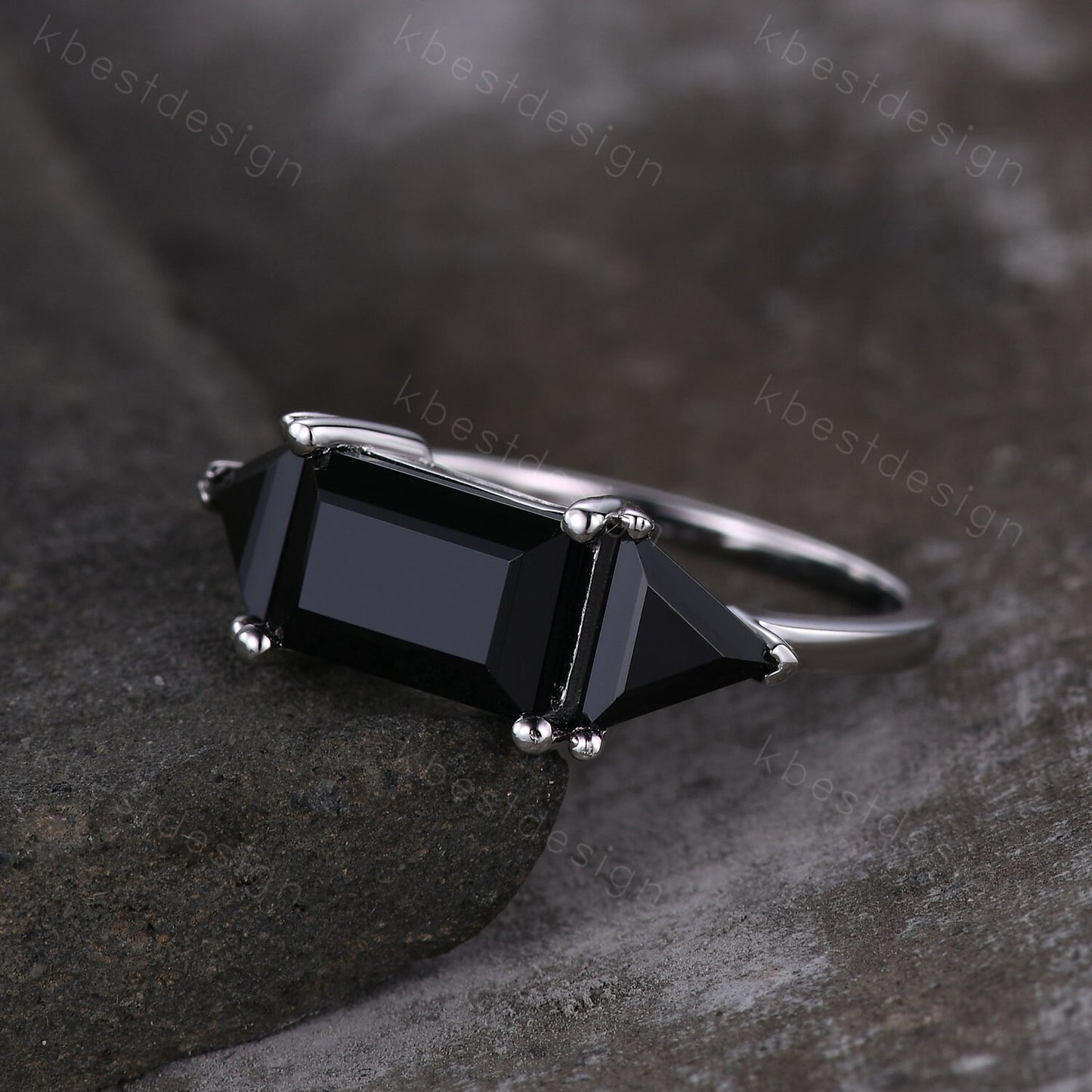 Emerald cut Black Onyx engagement ring unique Triangle cut black Onyx ring sterling silver ring Three stone ring art deco wedding ring