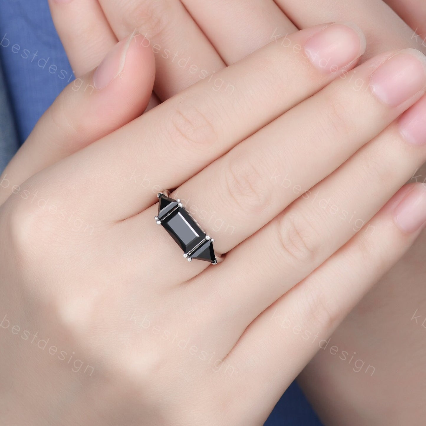Emerald cut Black Onyx engagement ring unique Triangle cut black Onyx ring sterling silver ring Three stone ring art deco wedding ring