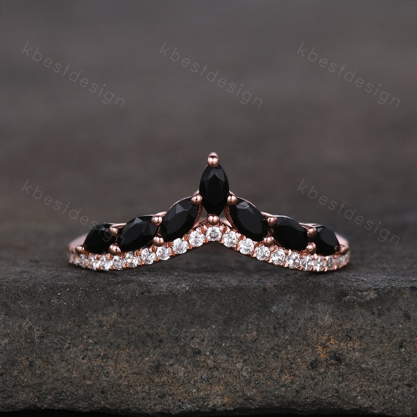 Unique Curved Black Onyx Wedding Band Vintage Marquise cut Black Onyx Cluster Ring Women Rose Gold Moissanite Stacking Bridal Wedding Ring