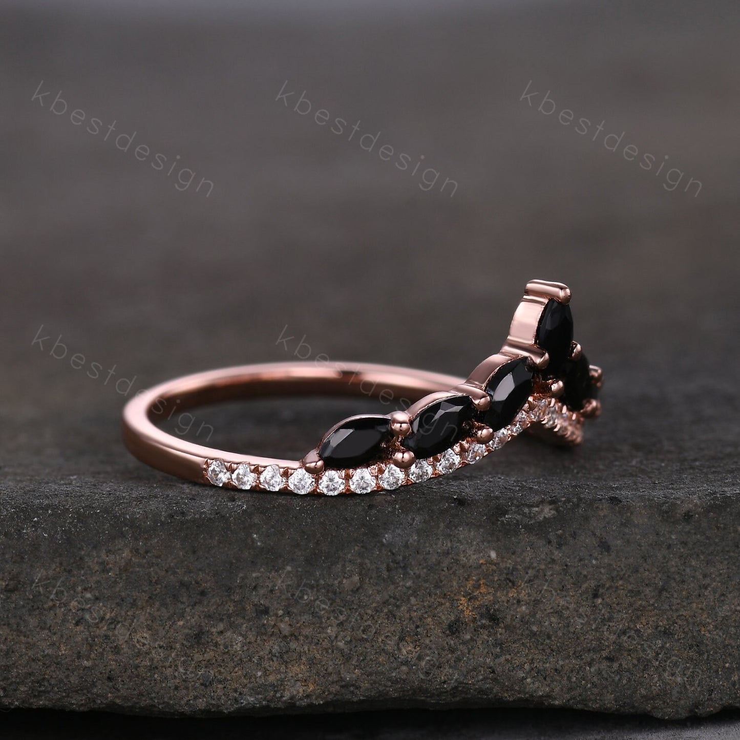 Unique Curved Black Onyx Wedding Band Vintage Marquise cut Black Onyx Cluster Ring Women Rose Gold Moissanite Stacking Bridal Wedding Ring