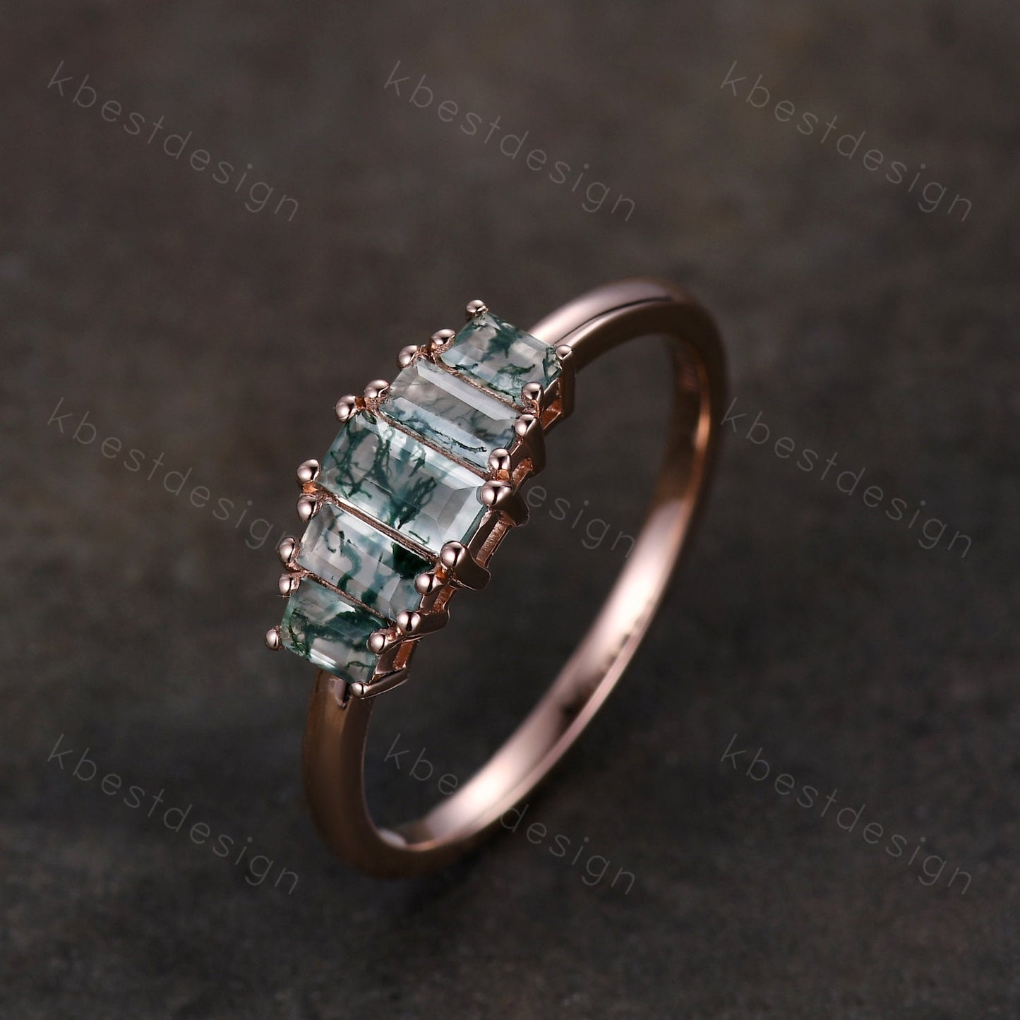 Vintage Baguette cut Moss Agate Wedding Band Unique Green Agate Cluster Ring Rose Gold Antique Five Stone Women Bridal Promise Ring
