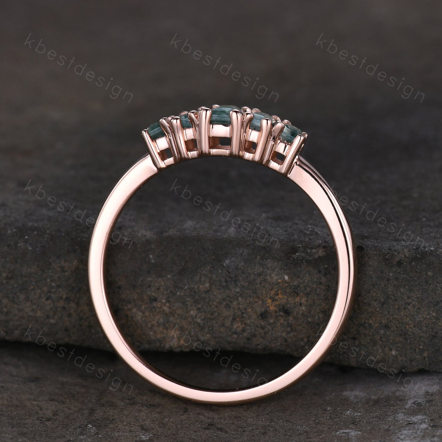 Vintage Baguette cut Moss Agate Wedding Band Unique Green Agate Cluster Ring Rose Gold Antique Five Stone Women Bridal Promise Ring