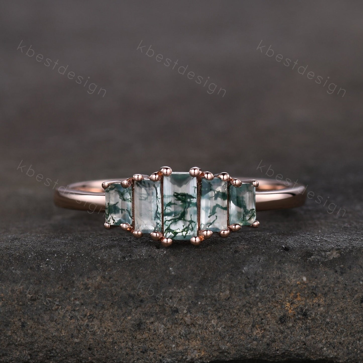 Vintage Baguette cut Moss Agate Wedding Band Unique Green Agate Cluster Ring Rose Gold Antique Five Stone Women Bridal Promise Ring