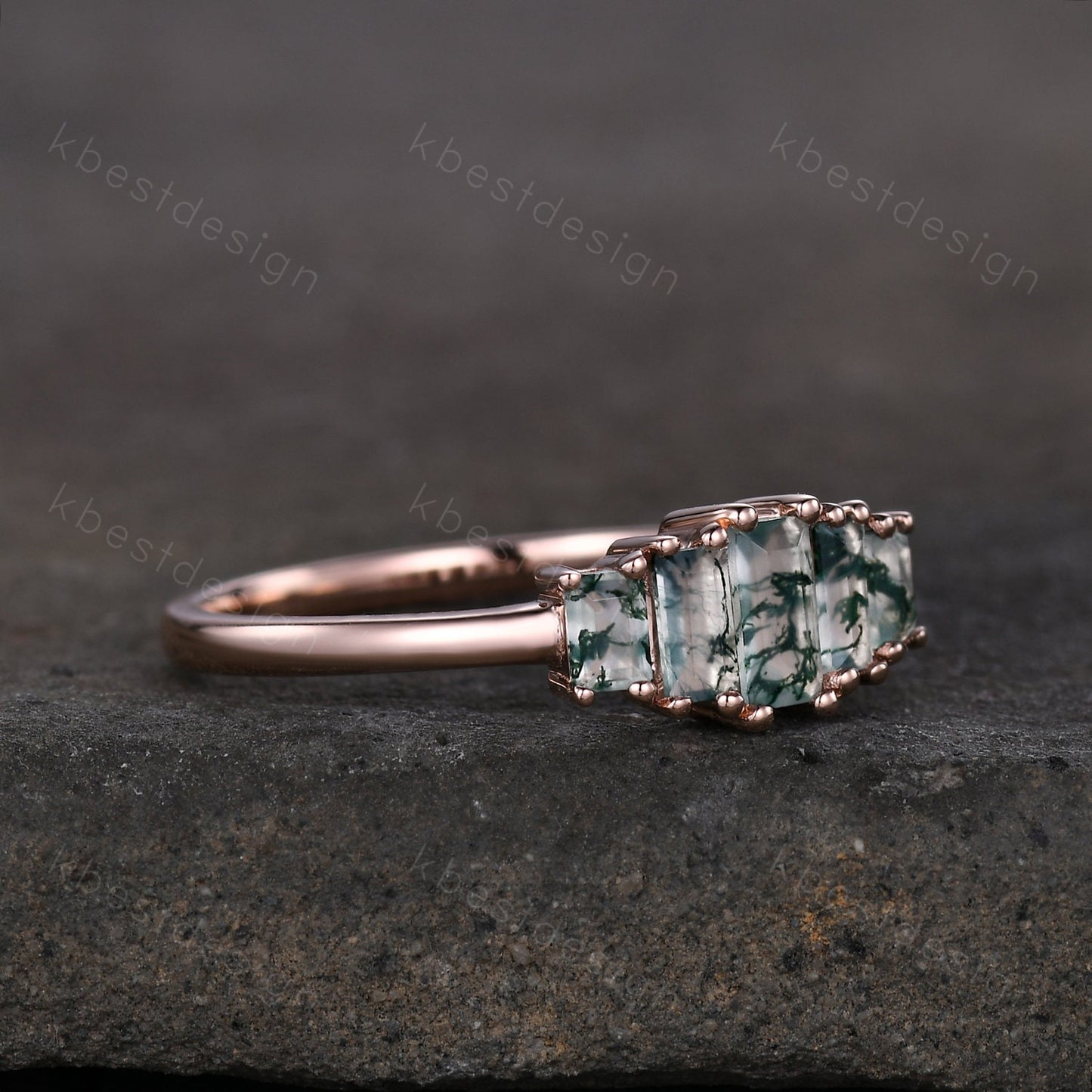 Vintage Baguette cut Moss Agate Wedding Band Unique Green Agate Cluster Ring Rose Gold Antique Five Stone Women Bridal Promise Ring