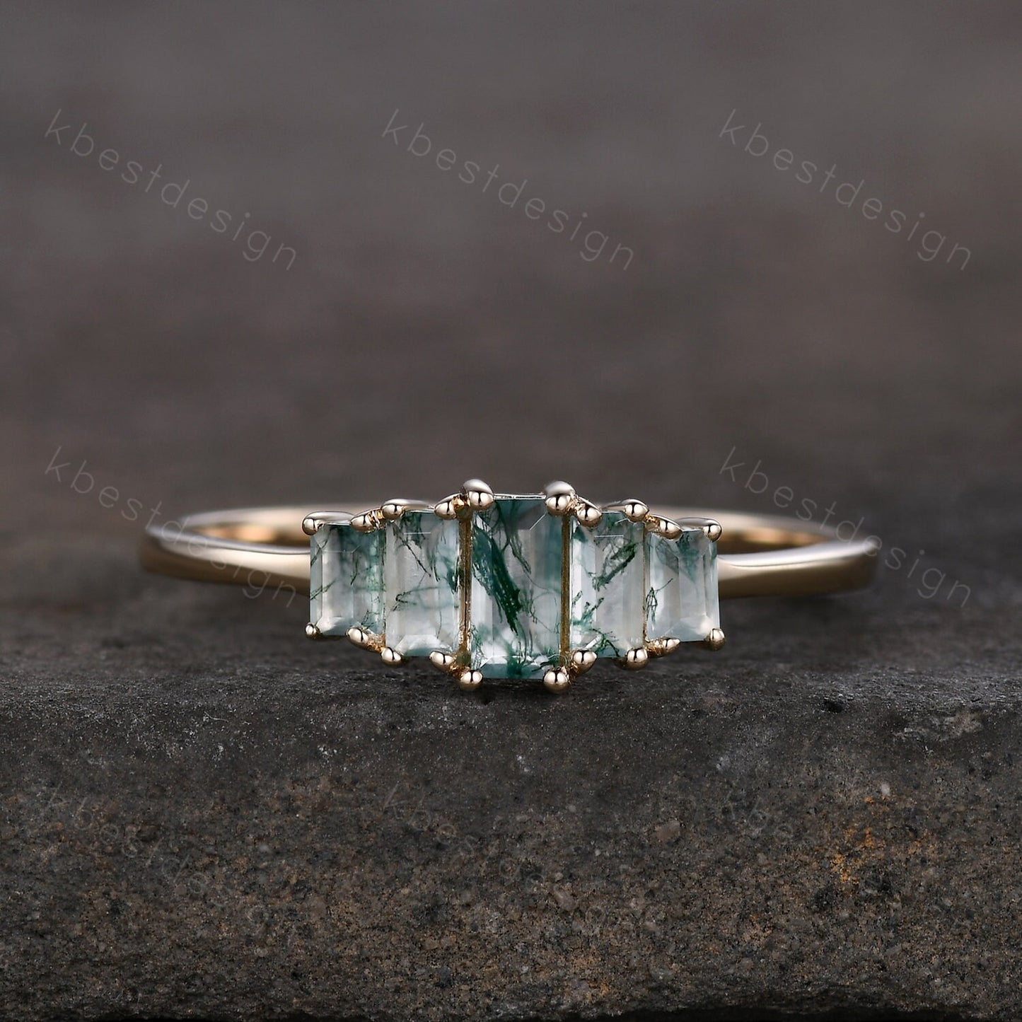 Vintage Baguette cut Moss Agate Wedding Band Unique Green Agate Cluster Ring Rose Gold Antique Five Stone Women Bridal Promise Ring
