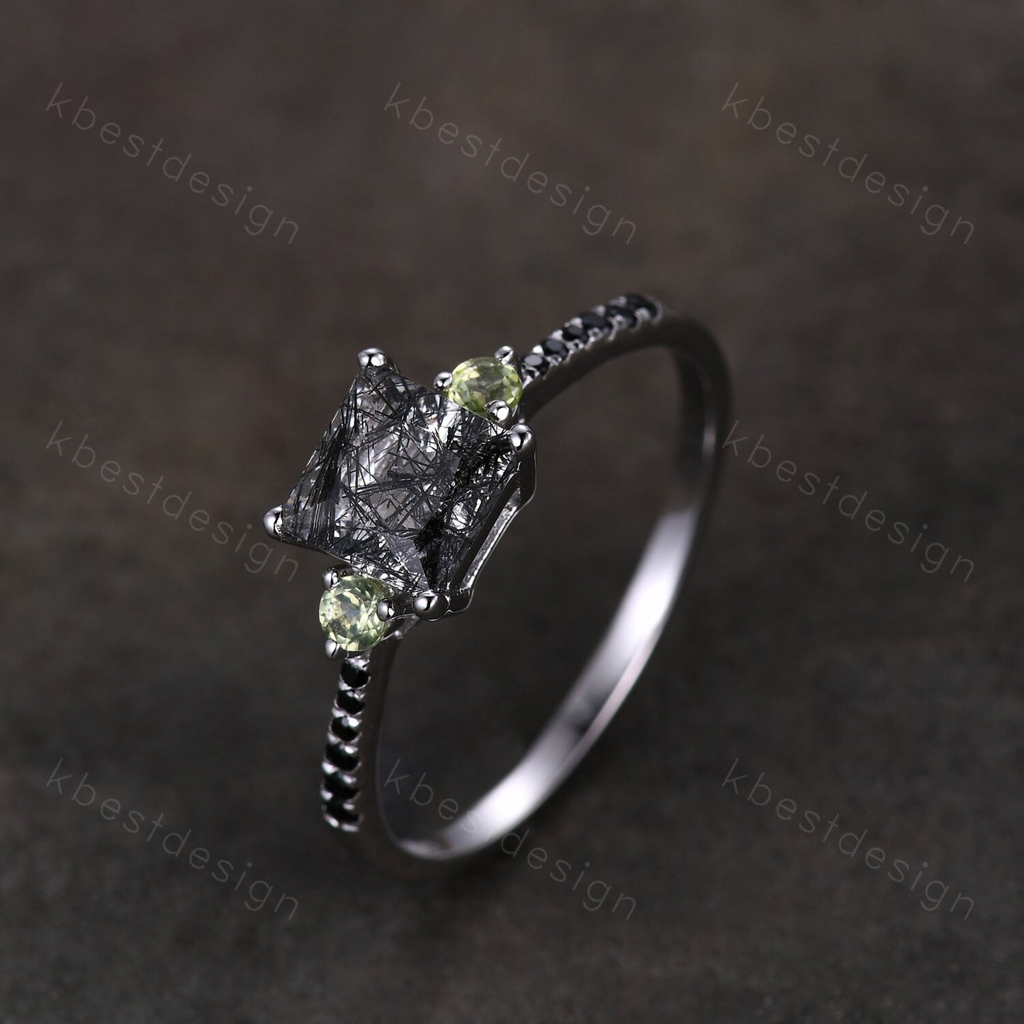 Princess Cut Natural Black Rutilated Quartz Engagement Ring Unique Green Peridot Ring Sterling Silver Ring Three stone ring Promise Ring